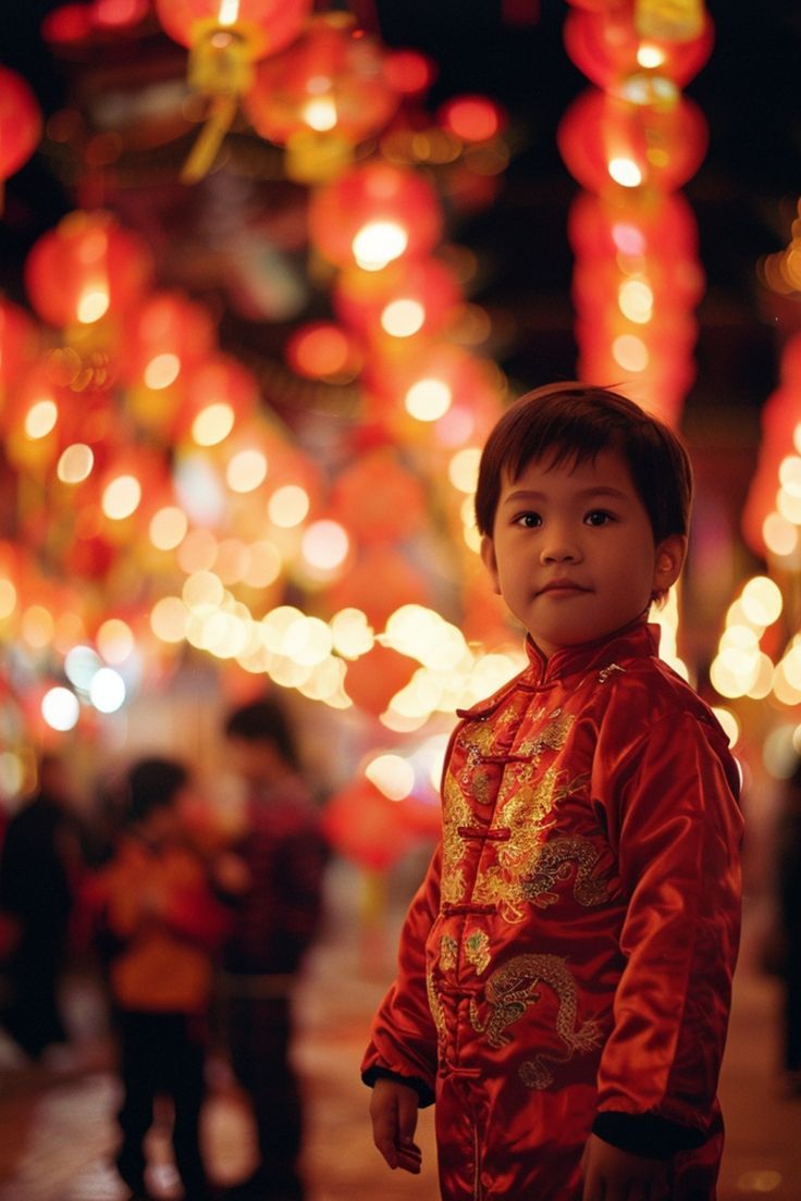 a young boy standing in front of many red lanterns with lights behind him and people walking around