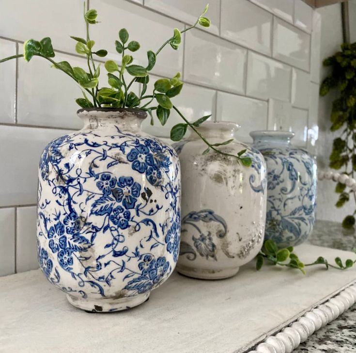 three blue and white vases with plants in them