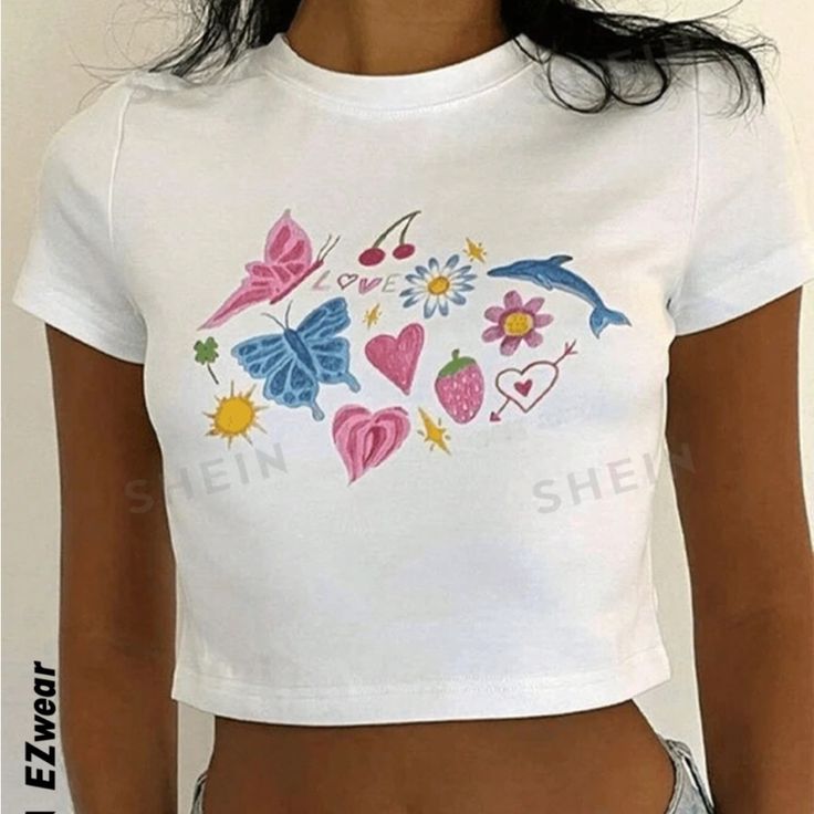 Nwt Never Worn Fitted White Printed Tops, Trendy Fitted White Print Top, Spring White Printed Top, White Printed Y2k Tops, Y2k Graphic Print Tops For Spring, Fun White Printed Tops, White Printed Crop Top, Spring Printed Crew Neck Crop Top, White Print Graphic Tee For Spring