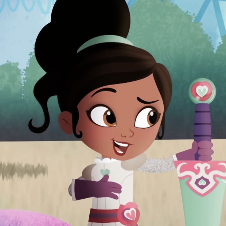 a cartoon girl holding a purple toy in her right hand and wearing a white dress