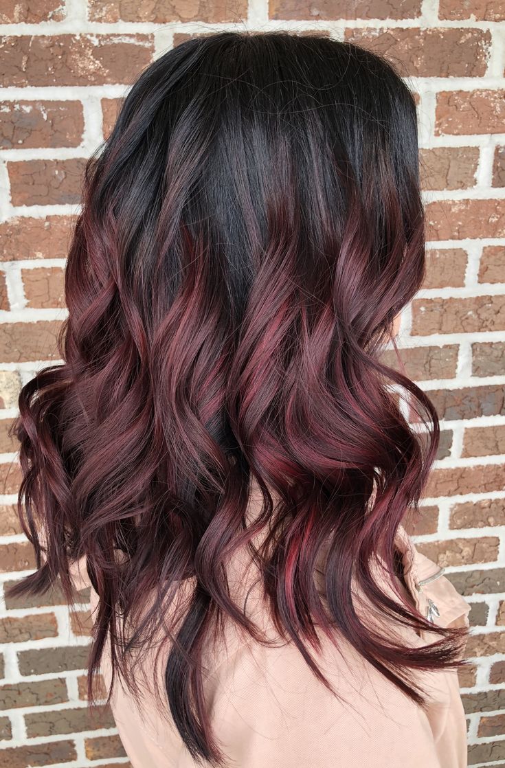 Brown To Red Color Melt, Dark Brown And Red Ombre Hair, Red Melt Hair Color, Dark Red Hair Color Ombre, Red Hair Color On Brunettes, Black With Red Ombre Hair, Deep Red Balayage Hair Brunettes, Merlot Ombre Hair, Burgundy With Black Hair