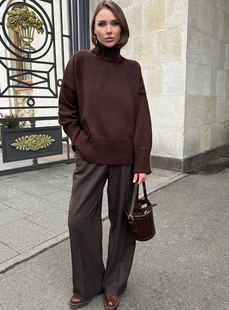 Grey Brown Outfit, Brown Tones Outfit, Burgundy And Brown Outfit, Brown Jumper Outfit, Chocolate Brown Outfit, Fudge Ideas, Brown Knit Sweater, Jumper Outfit, Winter Capsule Wardrobe