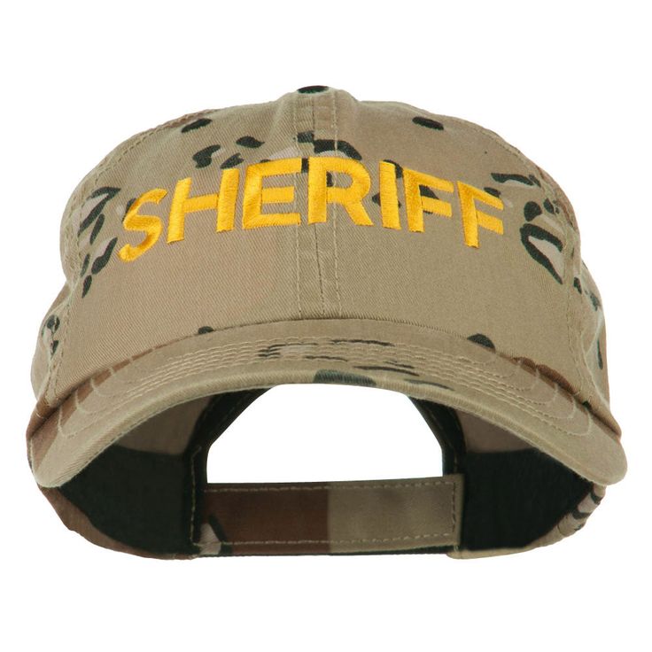 Sheriff Military Embroidered CapMade of 60% cotton and 40% polyester.One size fits most with an adjustable velcrorized strap closure, fitting up to XL.Same material inner hatband.Adult/Unisex.Crown measures 3 1/2 inches deep.Bill measures 2 3/4 inches long.Hand wash only.Imported. Wording of SHERIFF is embroidered on the front crown of camouflage cap.6 small colored ventilation holes placed on each panel of crown.Bill is stiff and pre-curved, same color under the bill.Crown is unconstructed.6 pa Camouflage Cotton Snapback Hat, Adjustable Camouflage Cotton Hat, Adjustable Camouflage Cotton Baseball Cap, Adjustable Cotton Camouflage Baseball Cap, Camouflage Cotton Cap, Camouflage Visor Baseball Cap, Military Style Snapback Baseball Cap, Military Style Adjustable Dad Hat, Military Style Adjustable Snapback Hat With Curved Bill