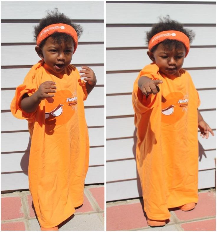 two pictures of a little boy wearing an orange shirt and headband, pointing at the camera