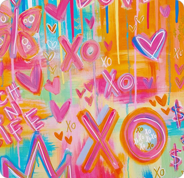 an abstract painting with hearts and xoxo symbols in pink, orange, blue, yellow