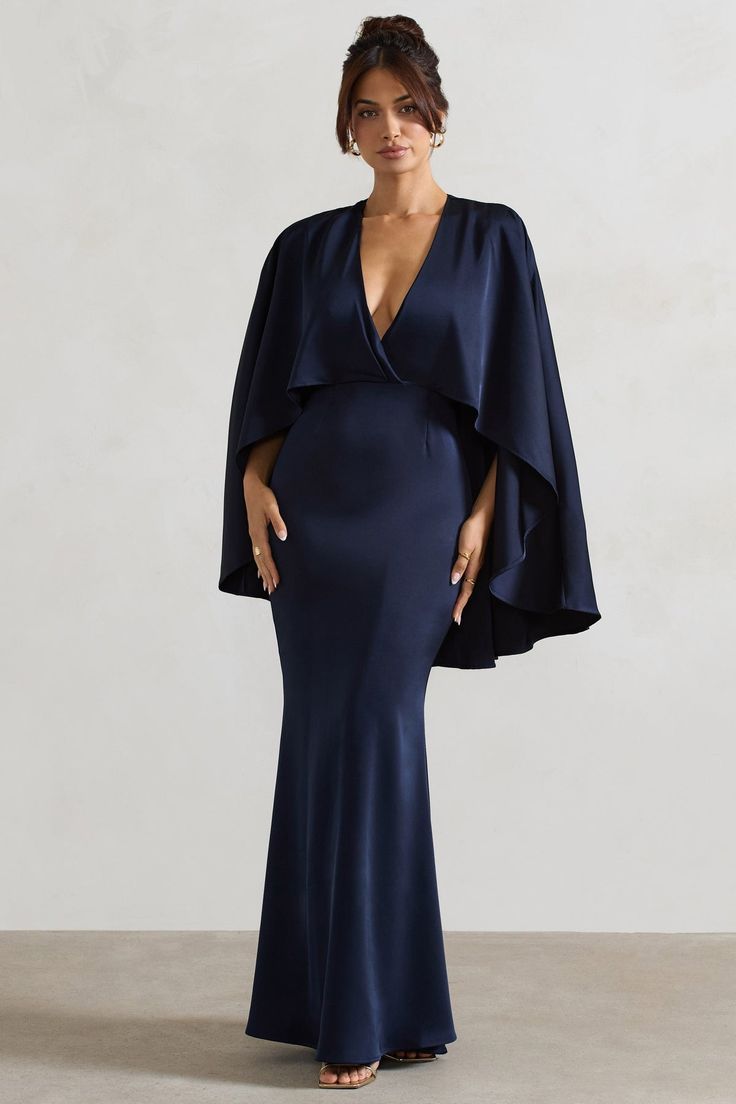 Yasie Navy Satin Plunge-Neck Maxi Dress With Cape Sleeves – Club L London - USA Dress With Cape Sleeves, Plunge Neck Maxi Dress, Navy Maxi Dress, Dress With Cape, Club L London, Black Dress Prom, Black Tie Gala, Party Dress Long Sleeve, Cape Sleeves