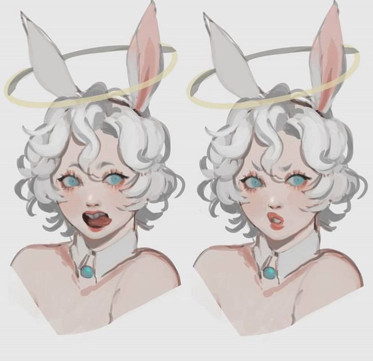 two drawings of women with bunny ears on their heads, one has blue eyes and the other has white hair