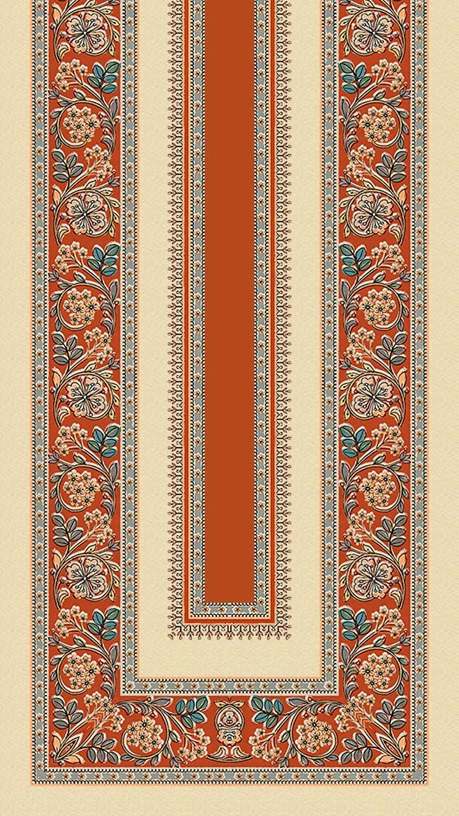 an orange and blue border with flowers on it, in the middle of a beige background