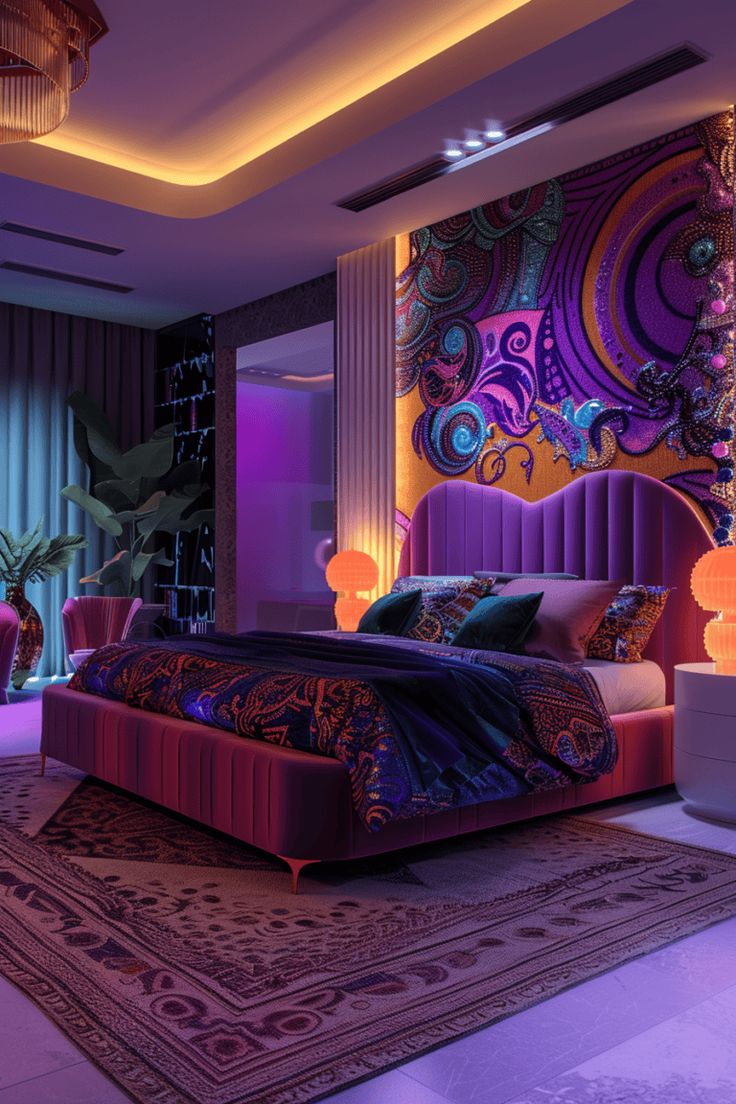 a bed room with a neatly made bed and purple lighting