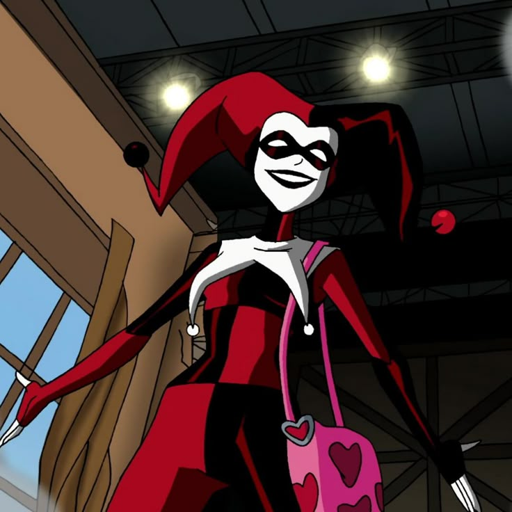 the animated character is dressed in red and black, holding a pink handbag with hearts on it