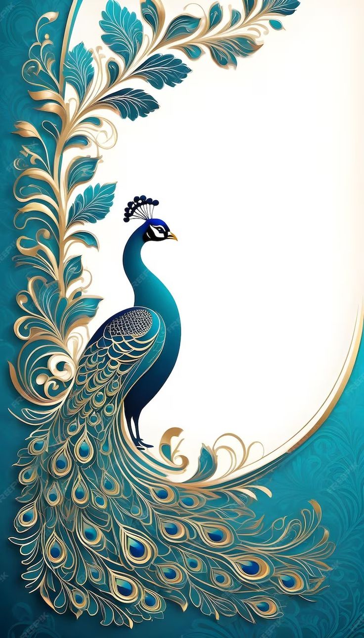 a blue and gold peacock on a white background