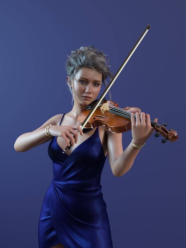 a woman in a blue dress holding a violin