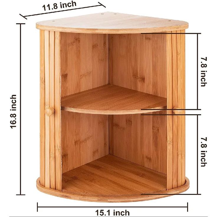 a wooden corner shelf with measurements for the top and bottom shelves on each one side