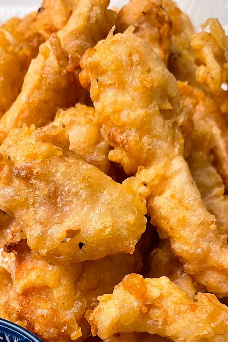 some fried food on a blue and white plate