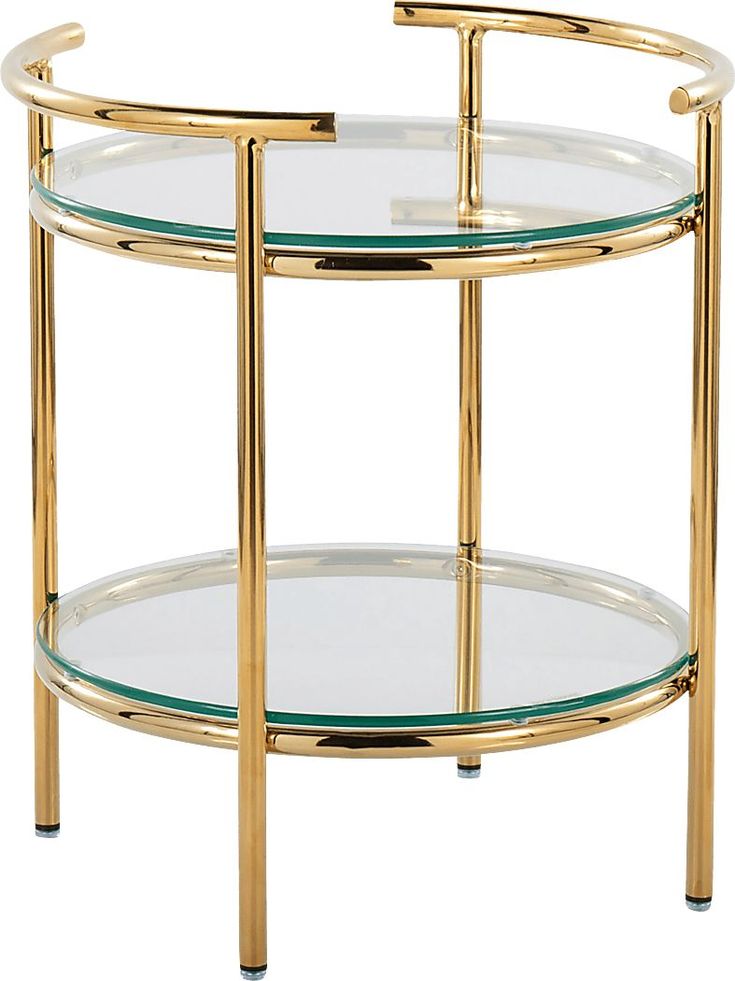 a round glass and gold metal table with two shelves on each side, one shelf has an oval glass top