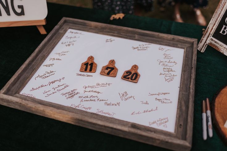 the table is set up with wooden numbers and place cards for guests to write on