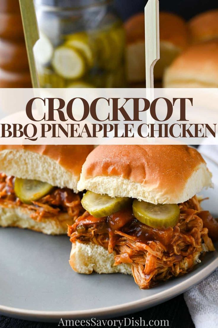 crockpot bbq pineapple chicken on a plate with pickles