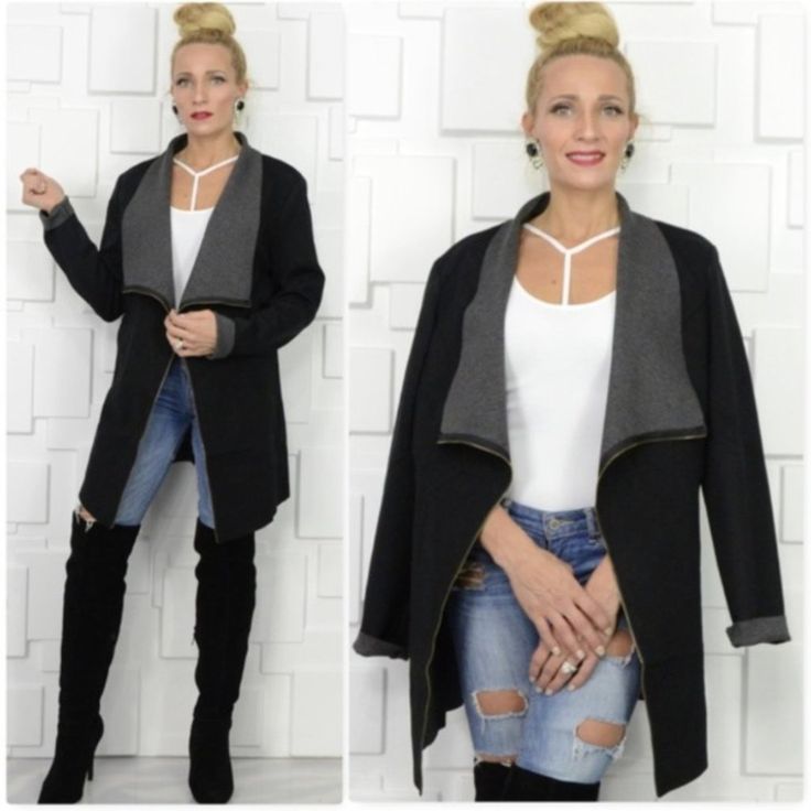 This Black Chic Open Front Jacket Adds This Exact Amount Of Modernity To Any Minimal Outfit. Fabulous Office Chic Jacket Features: Gray Accent Color (Interior) Raw Edge Hems Detail Zipper Detailing Down Front Material 96% Rayon 4% Spandex Size Tags Are Letters S 2/4 M 6 L 8/10 If You Love Skirts Puffer Coats Jacket Puffers Zara Jackets Anthro Weddings Clothing Anthropology Fall H&M Cardigans Casual Office Chico Chic Wear Comfy Teddi American Eagle Tops Thanksgiving Tops Christmas Gifts Vests Versatile Black Outerwear For Fall, Versatile Black Fall Outerwear, Chic Gray Outerwear For Work, Charcoal Fitted Outerwear For Fall, Fitted Charcoal Outerwear For Fall, Charcoal Long Sleeve Outerwear For Work, Chic Black Blazer For Layering, Chic Gray Outerwear For Fall, Versatile Gray Outerwear For Fall