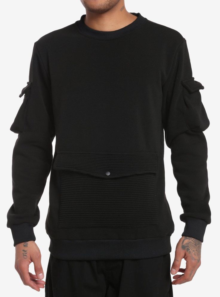 We'll never say no to pockets. This black sweatshirt features ribbed pocket detailing on the front  plus pockets on the sleeves.65% polyester; 35% cottonWash cold; dry lowImportedListed in men'sunisex sizesModel is 6'1''Model wears size Medium Never Say No, Black Sweatshirt, Black Rib, Pocket Detail, Hot Topic, Hoodies Men, Crew Neck, Size Medium, Sweatshirts