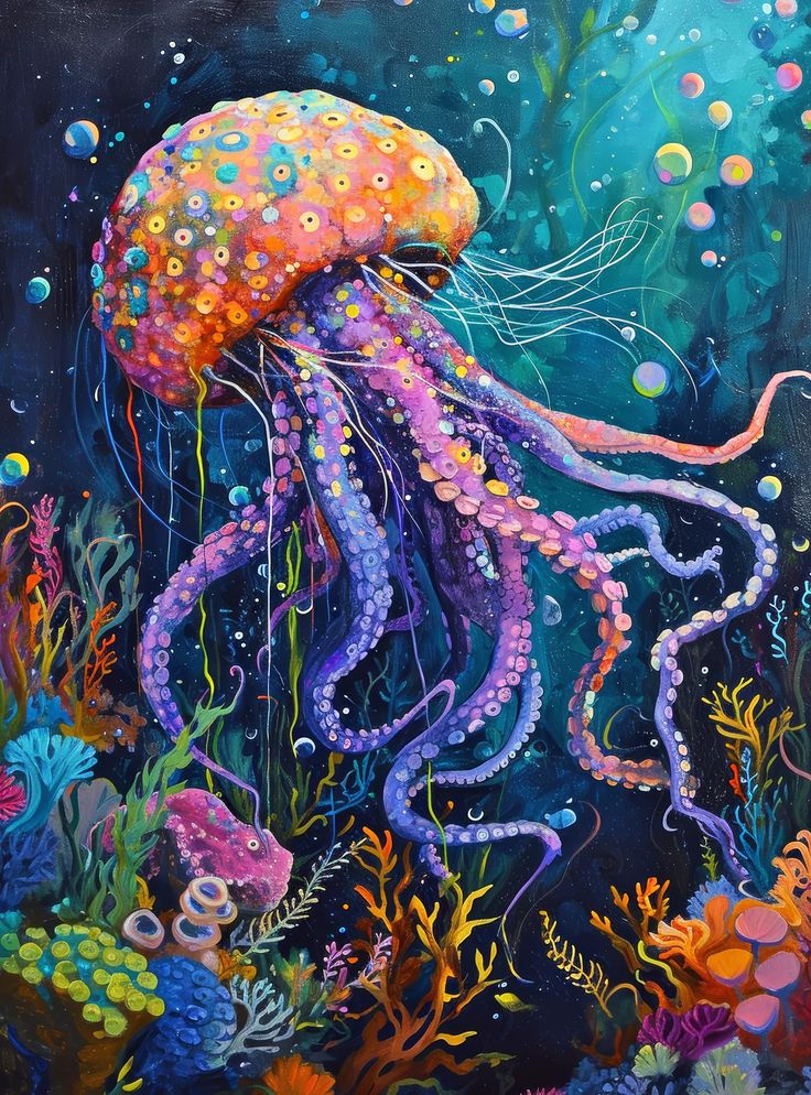 an oil painting of a jellyfish in the ocean with bubbles and seaweeds