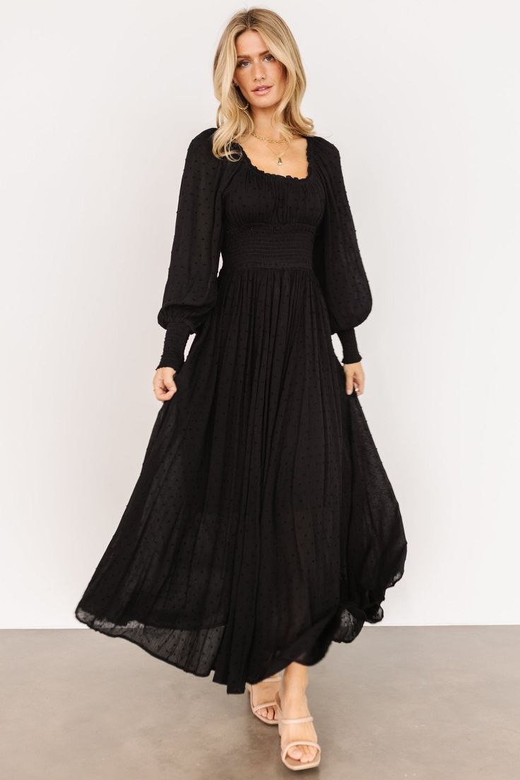 Renata Dot Maxi Dress | Black - Baltic Born Black Flowy Dress Long, Black Tie Dress Wedding, Flowy Black Dress, Black Flowy Dress, Flowy Dress Long, Tulle Maxi Dress, Formal Dresses With Sleeves, Baltic Born, Black Dress With Sleeves