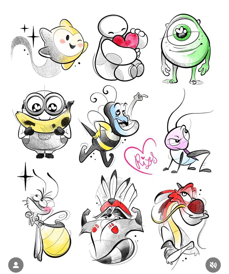 an image of cartoon characters drawn in pencil and watercolor on paper with marker pens