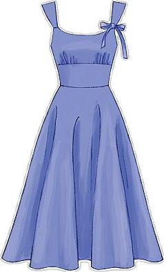 a drawing of a blue dress with a bow at the neckline and straps on it