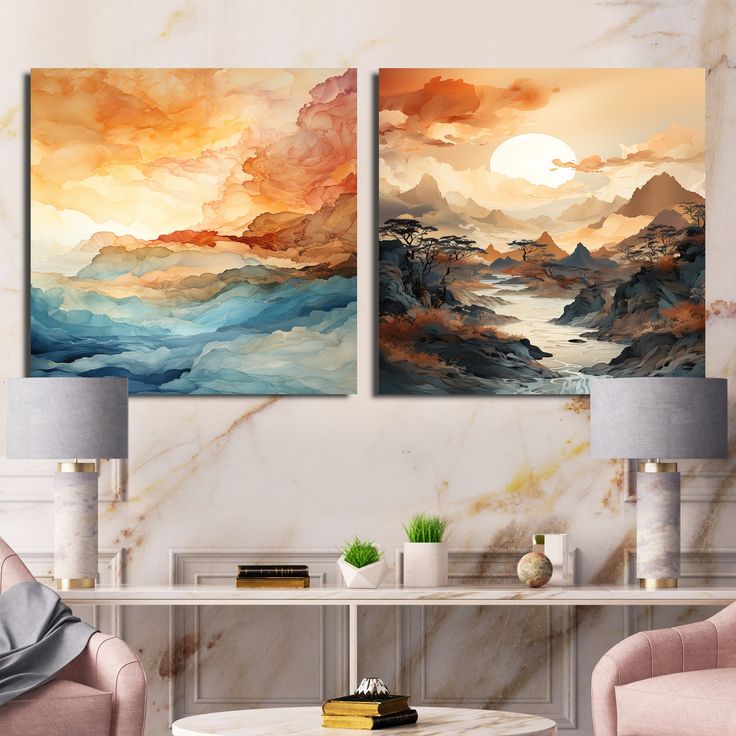 two paintings on the wall in a living room