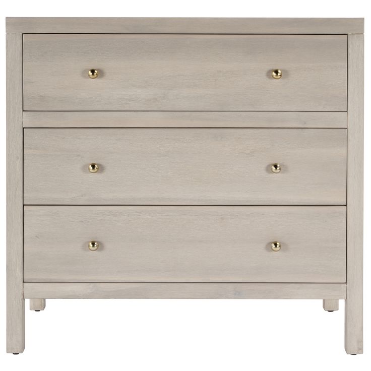 a white dresser with three drawers and two gold knobs on the bottom drawer, against a white background