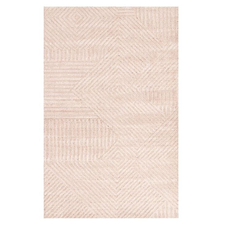 an area rug with white and beige herringbones on the bottom, in front of a light pink background