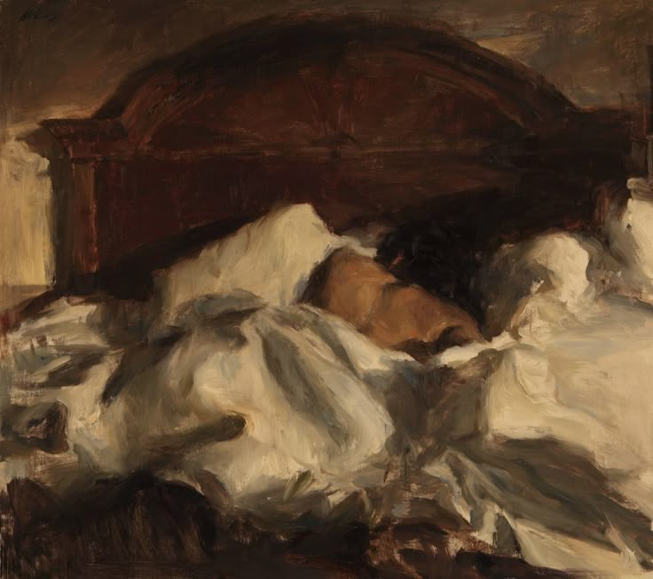 an oil painting of a bed with white sheets