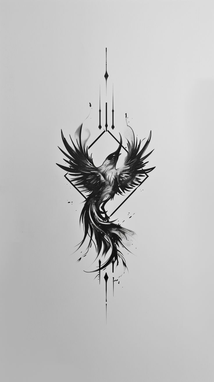 a black and white drawing of a bird with arrows on it's back side