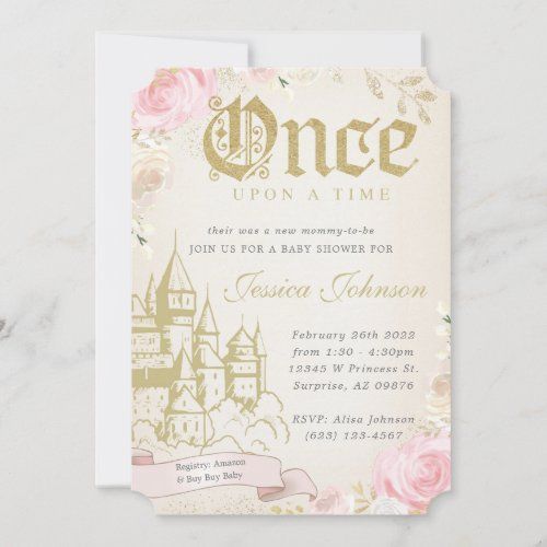 a pink and gold princess birthday party card with roses on the front, featuring an image of a castle