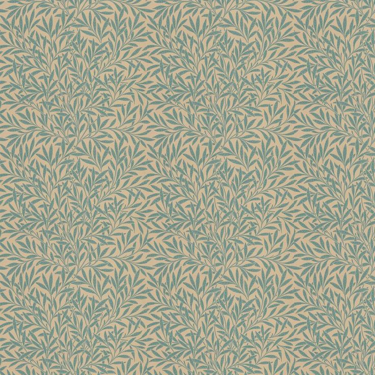 a blue and beige wallpaper with leaves on it