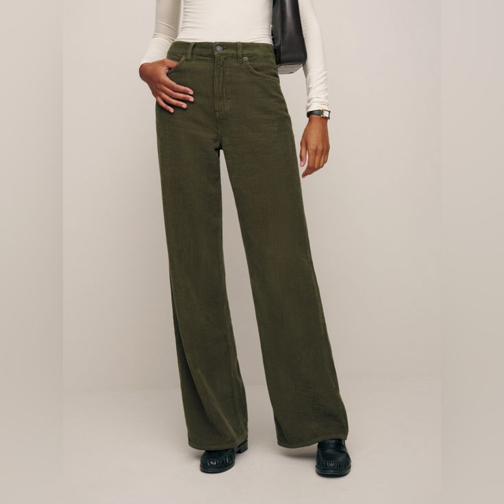 High Rise Slouchy Wide Leg Relaxed Fit Throughout Wide Wale Corduroy Fabric Made With 100% Organically Grown Cotton Green Full-length Corduroy Pants, Green Full Length Corduroy Pants, Spring Corduroy Jeans, Corduroy Jeans For Spring, Green Corduroy Bottoms For Work, Fall Corduroy Jeans With Five Pockets, Trendy Corduroy Workwear Jeans, Trendy Corduroy Jeans For Work, High Rise Corduroy Jeans