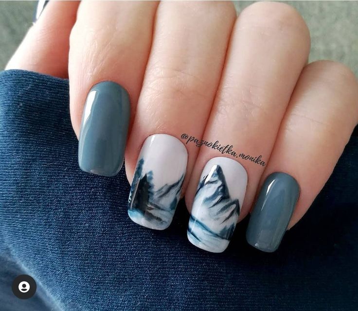 Nail Designs For Traveling, Nails For Colorado Trip, Nails For Camp, Alaska Inspired Nails, Nails With Mountain Design, Alaska Themed Nails, Mountain Nail Designs, Alaska Nail Art, Hiking Nails Designs