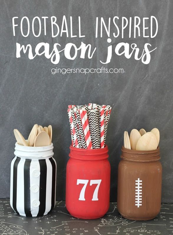 three mason jars are lined up in front of a chalkboard with the words football inspired mason jars