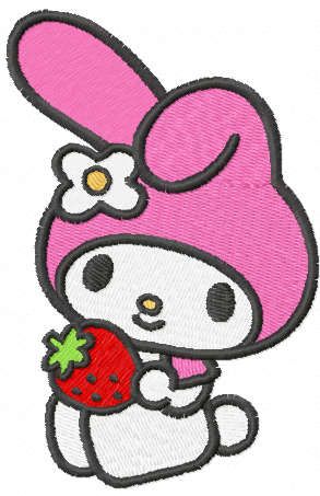 a hello kitty holding a strawberry in her hand with the letter e on it's back