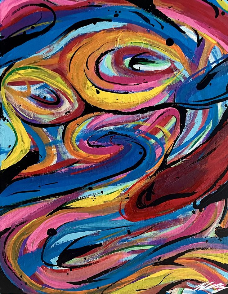 an abstract painting with multicolored lines and swirls