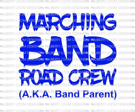 the words marching band road crew in blue on a white background with black and gray letters