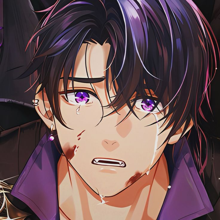 an anime character with purple eyes and black hair, staring at the camera while holding his hand on his chest