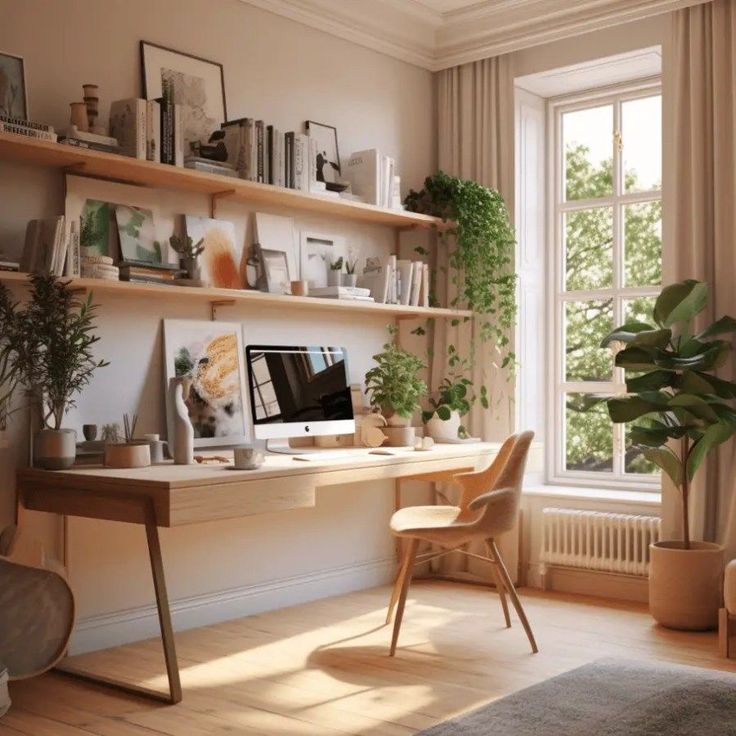 a home office with plants and bookshelves on the wall, along with a computer desk