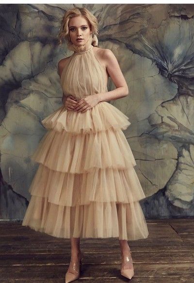 Tulle High-Neck Champagne Prom Gown with Tiered Skirt · NarsBridal · Online Store Powered by Storenvy Beige Dress, Layered Skirt, Party Gowns, Pink Candy, Tiered Skirt, Prom Gown, High Collar, Perfect Dress, Blush Pink