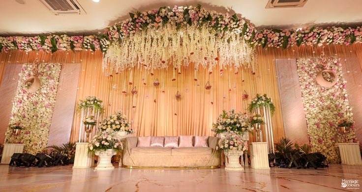 Elegant Reception Decor in pastel shades | Marriagecolours.com Stage Decoration Photos, Engagement Stage, Hindu Wedding Decorations, Haldi Ceremony Decorations, Marriage Hall, Engagement Stage Decoration, Reception Stage, Mandap Design, Reception Stage Decor