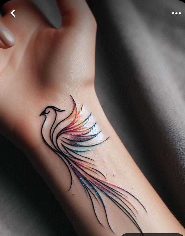 a colorful bird tattoo on the left arm and right hand is shown in this photo