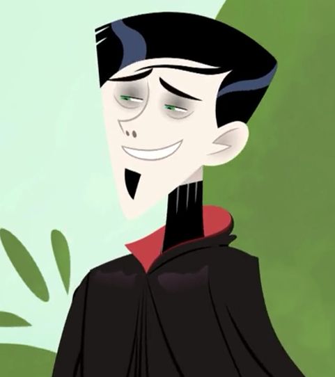 an animated image of a man with black hair and green eyes wearing a red collar