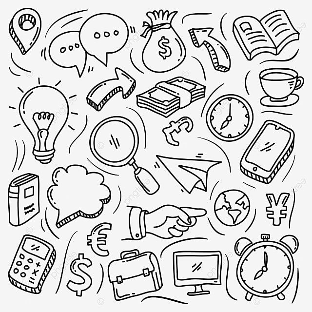 a black and white line drawing of various items in the shape of a speech bubble