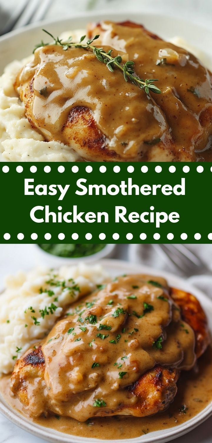 chicken with gravy and mashed potatoes on the side is shown in two different photos