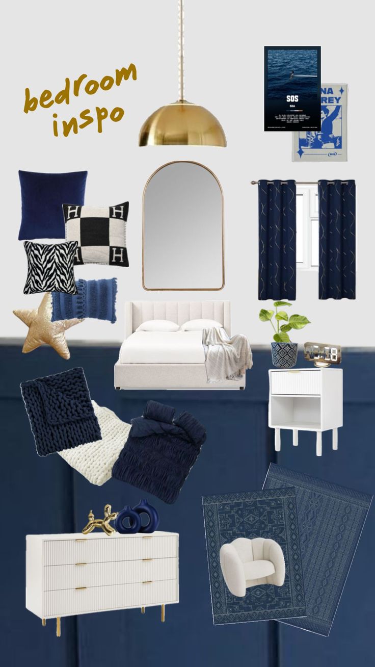 a bedroom with blue and white decor on the walls, bed room in - up