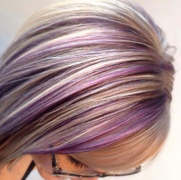 Fantasy Hair Color Peekaboo, Bright Color Highlights For Blondes, White Hair With Purple Highlights, Dark Purple Hair With Blonde, Purple Hair Highlights Blonde, Purple Hair With Blonde Highlights, Blonde Hair With Colored Highlights, Blonde Hair With Purple Streaks, Purple Lowlights